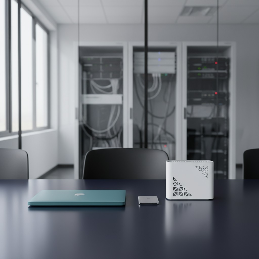 Remote desktop on laptop with cell phone and modem in office environment. Focus on foreground devices in a meeting room or...